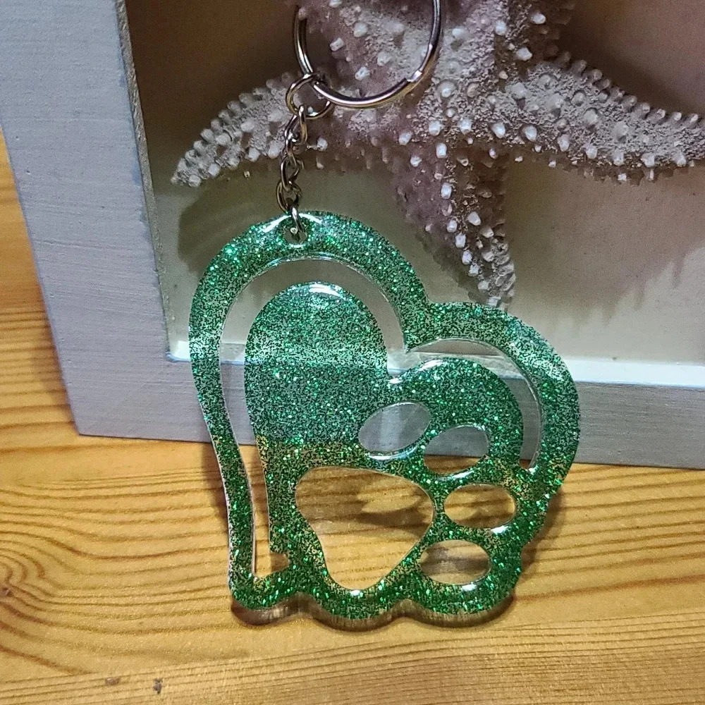 Heart with big paw print resin keychain